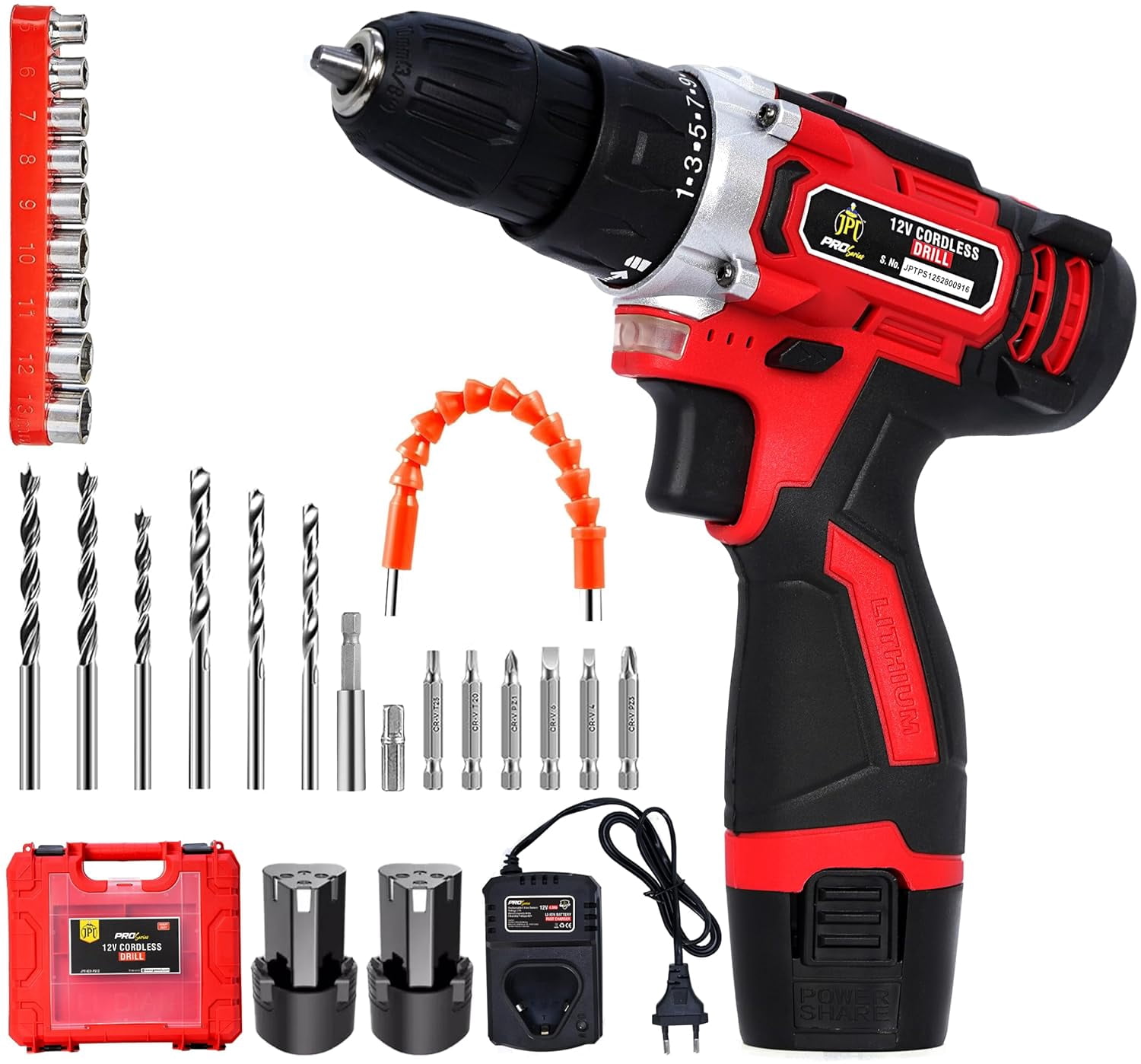 Heavy Duty 12-Volt Pro Series Cordless Drill Machine | 45n.M Torque | 1950 Rpm Speed | 25+1 Clutch | 2 Speed Gearbox | 3-8" Keyless Chuck | 1500mah Battery | Fast Charger, 600 Watts, Red