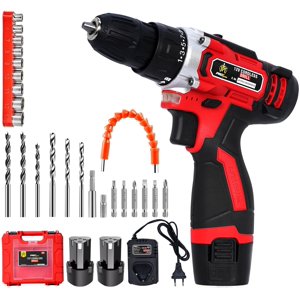 Lourds 12-Volt Pro Series Machine à perceuse sans fil (45n.M) 1950 Vitesse Rpm: 25+1 Accumulation 2 Boîte de vitesses de vitesse de 3-8" sans clé 1500mah Chargeur rapide de batterie 600 Watts, rouge