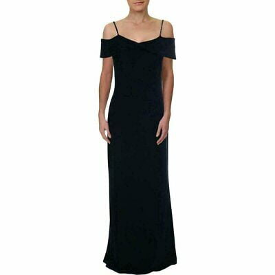 Lauren Ralph Lauren Womens Embellished Ruched Evening Dress in navy. This formal evening gown features a square neckline, spaghetti straps, and a ruched maxi sheath design. Made from polyester, it is ideal for elegant evening occasions and is shown in size 8.