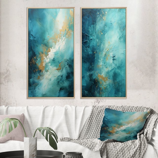 Designart "Turquoise Calm II" Abstract Landscapes Framed Wall Art Set Of 2 - Teal Landscapes Gallery Wall Frame Set For Home Decor