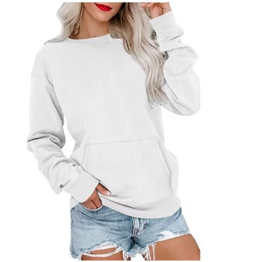 TIMIFIS White Women's Casual Crew Neck Sweatshirt Fall Winter Fleece Loose Soft Long Sleeve Pullover Sweater with Pocket