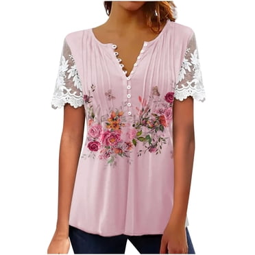 XZNGL T-Shirts pour Femmes Mode Femmes Col en V Imprimé Floral T - Mode Dentelle Confortable Chemisiers Féminins Hauts Femmes Chemisiers et Hauts Mode Hauts et Chemisiers pour Femmes Été