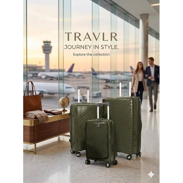 TRAVLR Express 3 Piece Luggage Set Front Opening 20" Carry On – Hardside Spinner Suitcase Set, Expandable 24" & 28" Checked Luggage, Recessed TSA Lock, Mute 360 Wheels, Anti-Blast Zippers-Olive Green