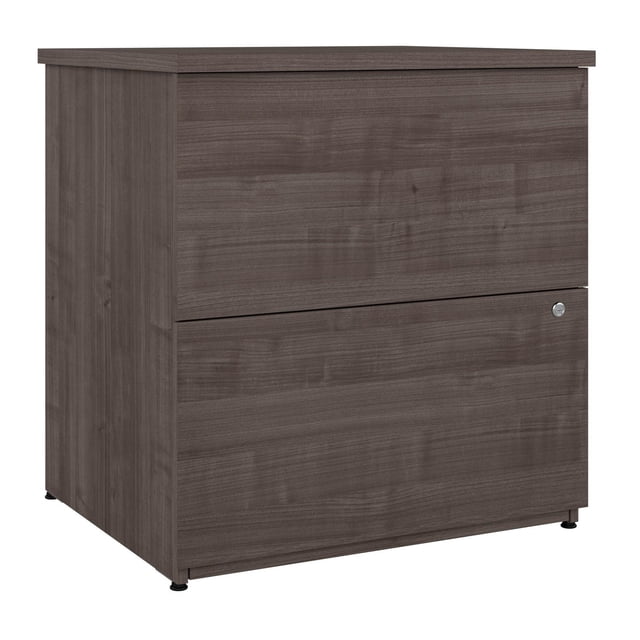 Bestar Logan 28W 2 Drawer Lateral File Cabinet in medium gray maple with wood grain melamine surface, two full-extension drawers with lock on the bottom, adjustable leg levelers, suitable for organizing legal, letter, and A4 files in office spaces.