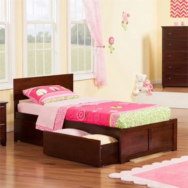 Lit Plateforme en Bois Orlando Simple TG avec Pied de Lit et Tiroirs de Rangement en Noyer