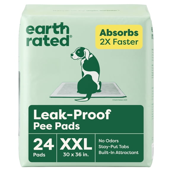 Earth Rated Tapis Éducateurs Anti-Fuites pour Chiens et Chiots, Absorption 2X Plus Rapide*, Non Parfumés, TTG, 30x36 Po, 24 Tapis
