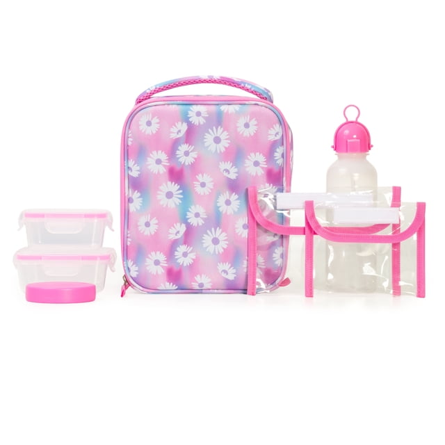 Jetstream 7-Piece Kids Lunch Bag Set with a pink and purple insulated lunch bag featuring white daisy prints, two clear plastic containers with pink lids, a clear water bottle with a pink cap, and two clear snack bags with pink trim on a white background.