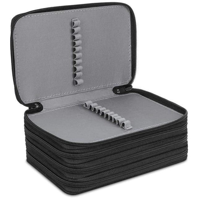 Big Pencil Case Large Capacity Pencil Bag with 3 compartments, made of durable black oxford fabric. Features a 4-ply design with 72 individual slots for pencils, along with extra space for an eraser and sharpener. Includes a convenient handle for portability. Dimensions are 20 x 8 x 12 cm, and it is scratch-resistant, dirt-repellent, and waterproof.