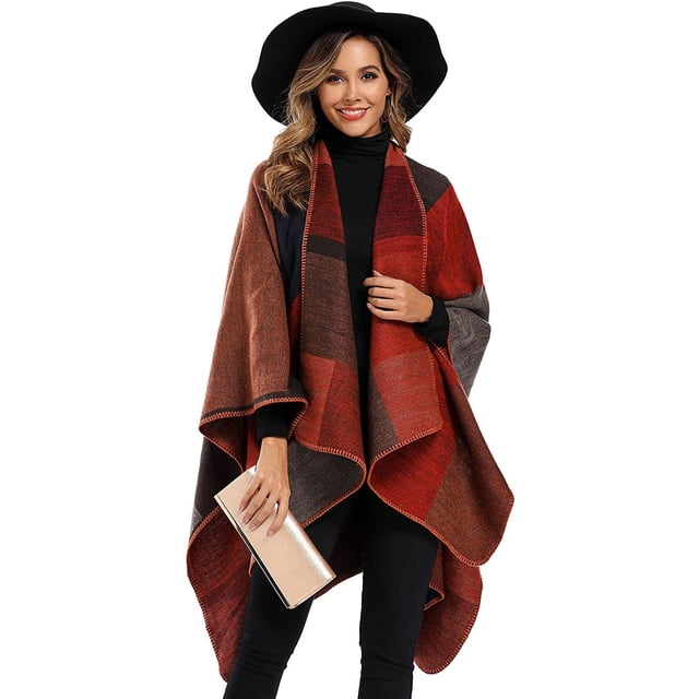 Women's Color Block Shawl Wrap Plus Size Cardigan Poncho Cape Open Front Long Winter Sweater Coat