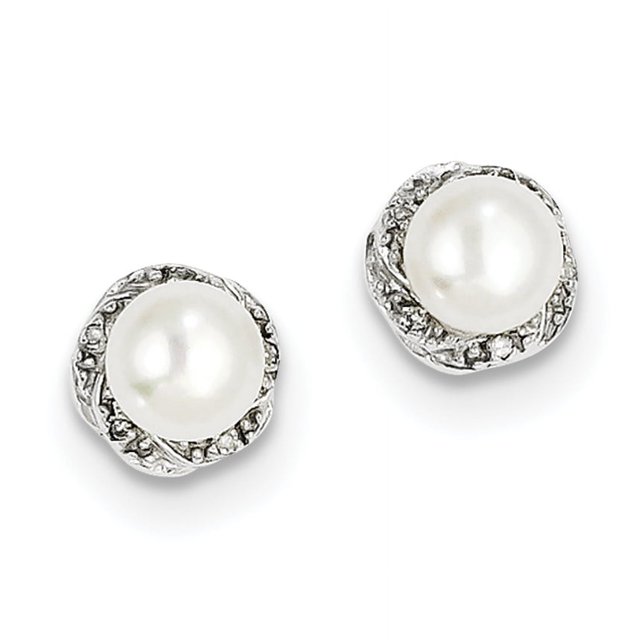 Boucles d'Oreilles en Argent Sterling Rhodié FW Perle de Culture & Diamant QDX324