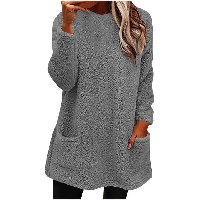 Birdeem Womens Round- Neck and Winter Loose Solid Pocket Warm Long Sleeve Blouse Tops