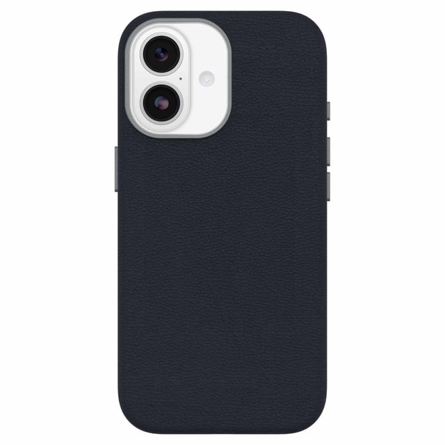 OtterBox Symmetry Étui en Cuir Cactus MagSafe avec Contrôle de Caméra Riverside (Bleu) pour iPhone 17, Vue Arrière Montrant une texture Mince en Cuir Bleu à Base de Cactus, Boutons Métalliques, Couronne de Caméra en Métal Protégeant les Double Objectifs, et Aimants MagSafe Intégrés pour une Fixation Sécurisée et une protection contre les Chutes.