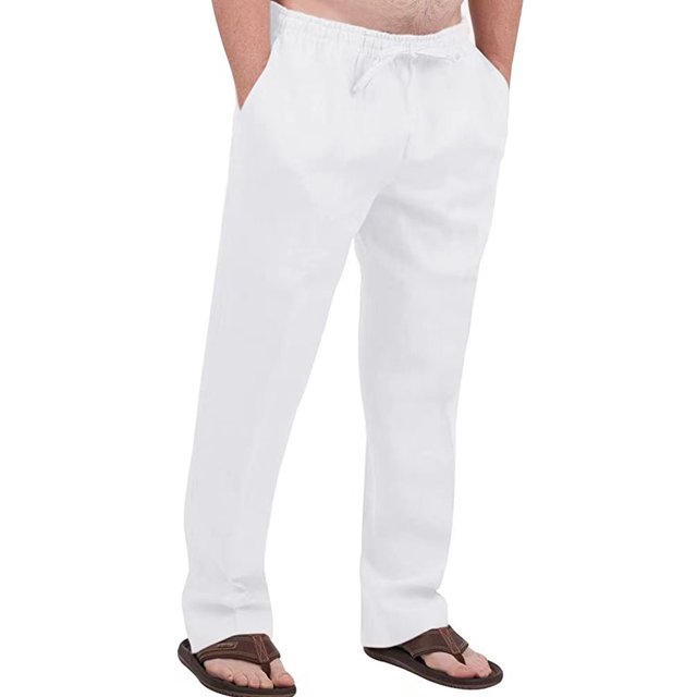 Innerwin Pants Elastic Waist Men Trousers Beach Drawstring Lightweight Long Pant White 4XL