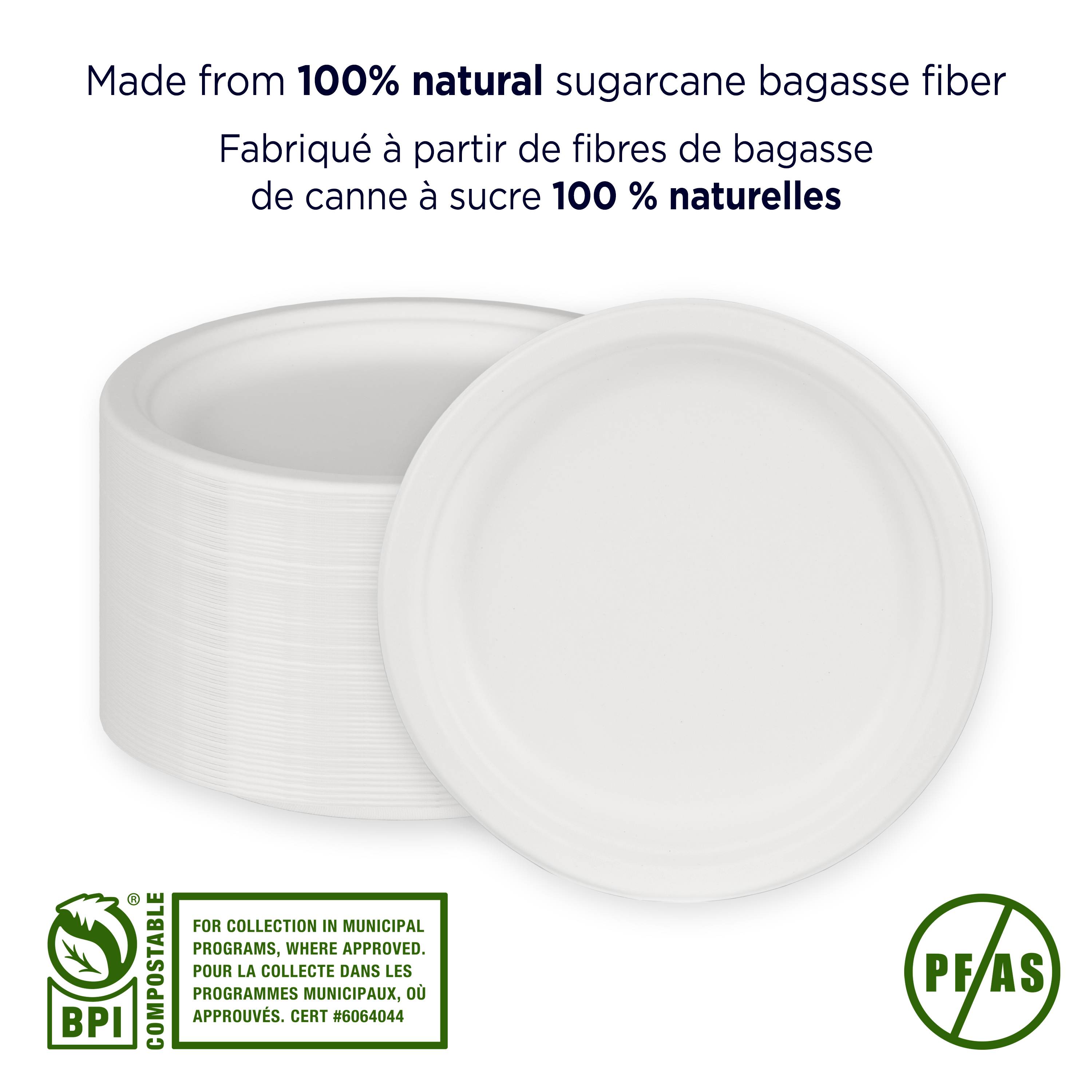 iECO Assiettes à repas léger en bagasse 9 po, 125 assiettes