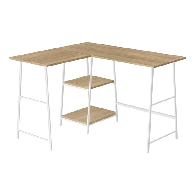 Monarch Specialties Bureau d'ordinateur, Bureau à la maison, Coin, Étagères de rangement, 48"l, L Forme, Travail, Ordinateur portable, Métal, Stratifié, Naturel, Blanc, Contemporain, Moderne