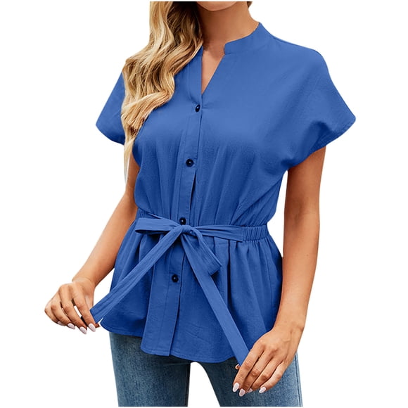 Women's Wrap Peplum Top Blouse Tie Waist Short Sleeve Solid Color Button Down V Neck Belted Summer Shirts T Shirts
