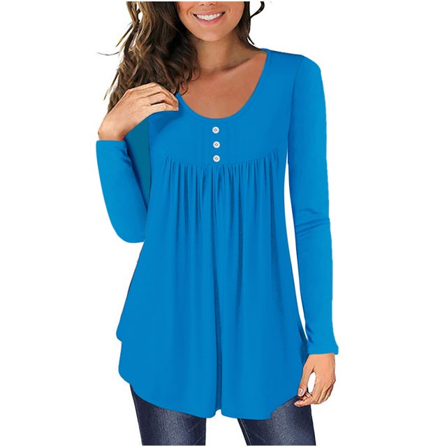 FAIWAD Womens Long Sleeve Tunic Tops Slim Round Neck Buttons Basic Pleated Patchwork Pullover Top