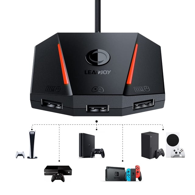 Leadjoy VX2 AimBox Adaptateur Clavier Souris pour PS4, Xbox One, Xbox Series X/S et Nintendo Switch. l'Adaptateur Noir Présente un design compact avec Trois ports USB et accents DEL Rouges. Il Prend en Charge une Grand Compatibilité avec les consoles de Jeu, Y Compris PlayStation 4, Xbox One, Xbox Series X/S et Nintendo Switch. l'Appareil Inclut une Prise Casque Intégrée de 3,5 mm pour le Clavardage Vocal et un Son Stéréo. Technologie de Traduction d'Agilité Avancée Assure une Précision de Jeu 1:1