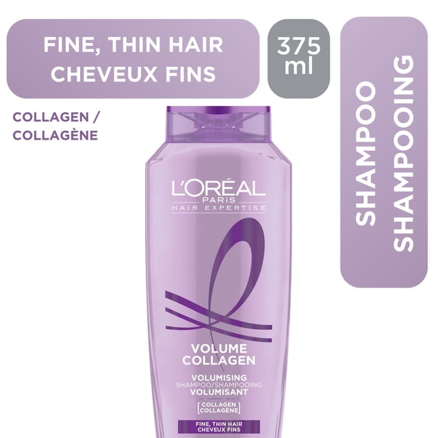 L'Oréal Paris Volume Collagen Shampoo 375 ml bottle in light purple with dark purple logo and text, designed for fine, thin hair with a volumising collagen formula, bilingual English and French labeling for hair care.