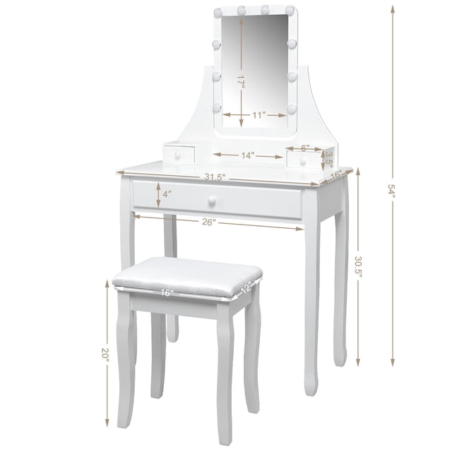 Patiojoy Ensemble Coiffeuse Table Commode avec Lumière DEL et Tabouret Rembourré Blanc