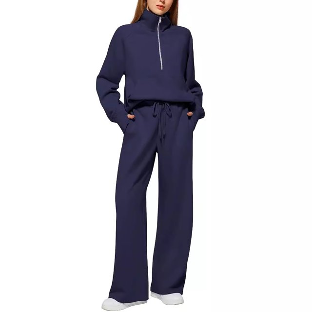 Women's Fall Matching Set - Half Zip Sweatshirt & Wide Leg Sweatpants - Casual Oversized Outfit S-XXL