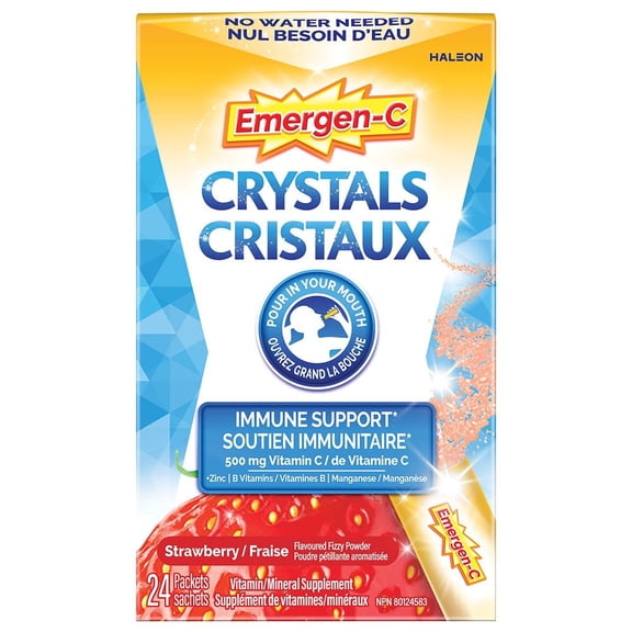 Emergen-C Crystals On-The-Go Supplément de soutien immunitaire avec vitamine C, zinc, vitamines B et manganèse, saveur fraise, 24 sachets