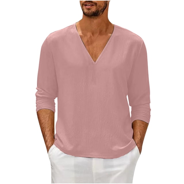 GigrtiJin Mens Long Sleeve T-Shirt Casual Fall V Neck Solid Color Tops Blouses Plus Size Basic Pullover Undershirt