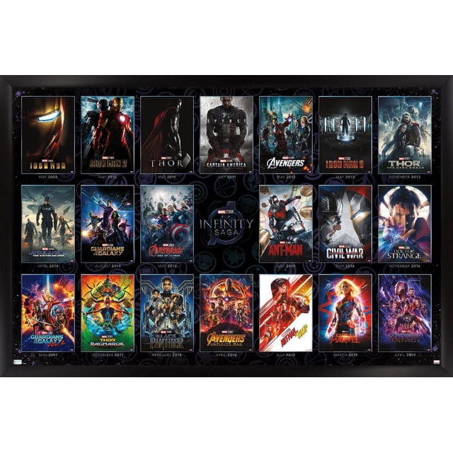 Marvel Avengers: The Infinity Saga - One Sheet Grid Wall Poster, 22.375" x 34" framed, showing a grid of 22 framed Marvel movie posters from the Infinity Saga series, including Iron Man, Thor, Captain America, Avengers, Guardians of the Galaxy, Ant-Man, Black Panther, Captain Marvel, and Avengers: Endgame, with release dates from 2008 to 2019 on a black background with subtle Marvel icons, suitable for decorating bedrooms, offices, or dorms.
