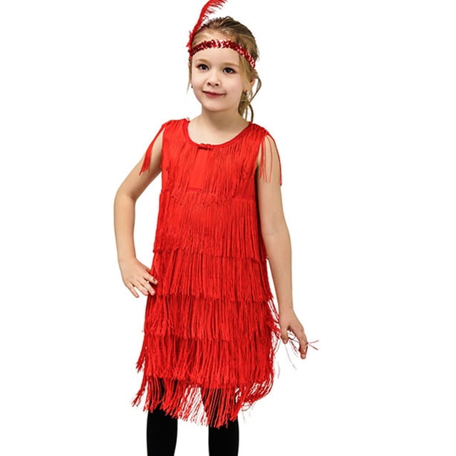 Kcodviy Robe Charleston pour Filles Paillettes Tenues de Fête pour Filles Robe de Danse Latine à Franges Taille 5 Filles Robe Tango à Franges Robes de Salle de Bal Bébé avec Bandeau à Plumes