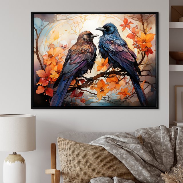 Designart Crow Oversized framed wall art decor, Crowframed wall art, Renaissance of the Regal Crow I , Blue Modern black framed wall art, 32x16 inches black frame