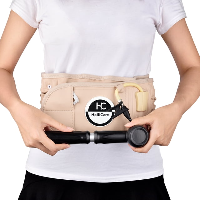 Dr.HO Lightweight Back Decompression Belt Spinal Brace Lumbar Support in beige, worn around the waist. Designed for lumbar support and pain relief, it features an inflatable design with a hand air pump for decompression therapy. Made with soft cotton and PU/TPU materials, it is lightweight and suitable for waist sizes 29-49 inches. Often used as a rib belt or spinal brace during activities like walking, sitting, or driving.