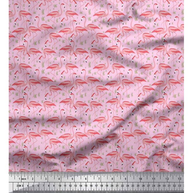 Soimoi Polyester Crepe Fabric Grass & Flamingo Bird Print Fabric by The Yard 42 Inch Wide