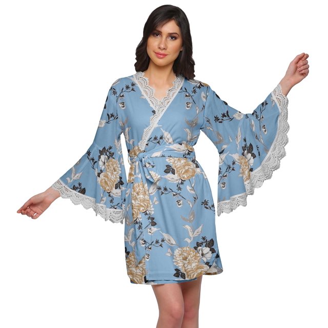 Moomaya Peignoir en Coton pour Femmes Robe de Chambre Imprimée Courte Peignoir de Douche Nuptiale