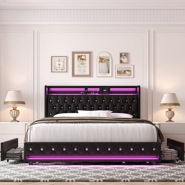 Homfa Queen Size LED Bed Frame with 2 Storage Drawers, Modern Wingback PU Leather Crystal Button Upholstered Platform Bed Frame with Outlets and USB Ports & Display Platform, Black