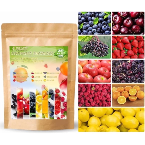 GSDWIUEW Heirloom 2059+ Mix Berry Seeds Planting Fruit Seeds Strawberry Raspberry Mulberry Apple Orange Blueberry Lemon Elderberry Cherry Seed Home Garden (9 Varieties) High Germination