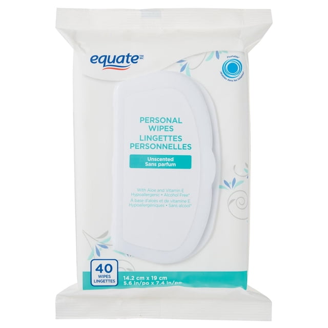 Equate Unscented Personal Wipes pack with 40 flushable wipes measuring 14.2 cm by 19 cm, featuring a white resealable lid on white packaging with blue and teal floral accents, containing hypoallergenic, alcohol-free wipes with aloe and vitamin E for gentle skin care and convenient on-the-go use.
