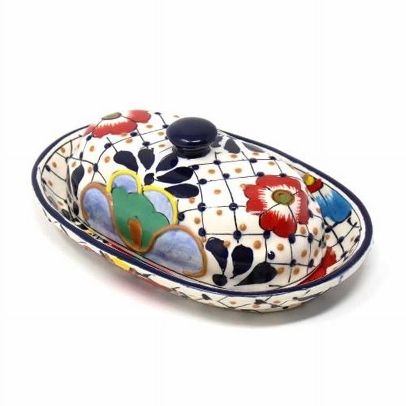 Encantada MC129D Plat à Beurre en Poterie Fait Main, Points & Fleurs