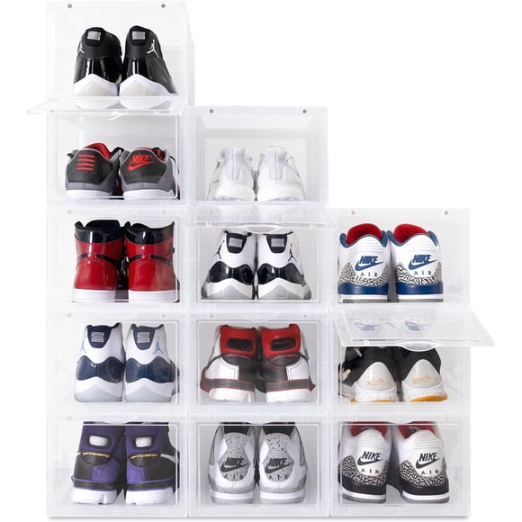 OLLIE Drop Front Hard Plastic Shoe Storage - Fits Up to Size 11 Mens - Shoe Organizer for Closet, Plastic Drawer Storage, Organization and Storage, Shoe Box, Stackable Storage Bins (Pack Of 12, Clear)