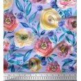 thumbnail image 1 of Soimoi Blue Poly Georgette Fabric Leaves & Pink Floral Printed Fabric 1 Yard 52 Inch Wide, 1 of 1