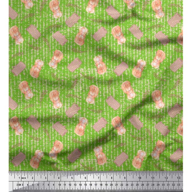 Soimoi Georgette Viscose Fabric Leaves,Tree Stump & Squirrel Animal Printed Fabric 1 Yard 42 Inch Wide