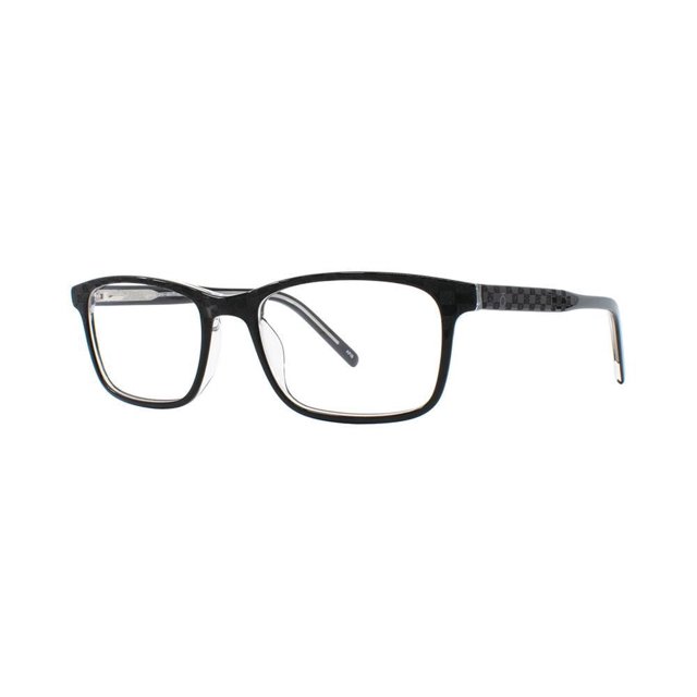 Flat Earth FE269 Monture de Lunettes Noire pour Garçons, Présentant une Forme Rectangulaire Modifiée en Acétate Noir Intégral avec Branches à Motif Damier Bicolore et Charnières à Ressort pour le Confort, Montrée sur un Profil Latéral sur Fond Blanc, Idéale pour le Soin des Yeux des Enfants.