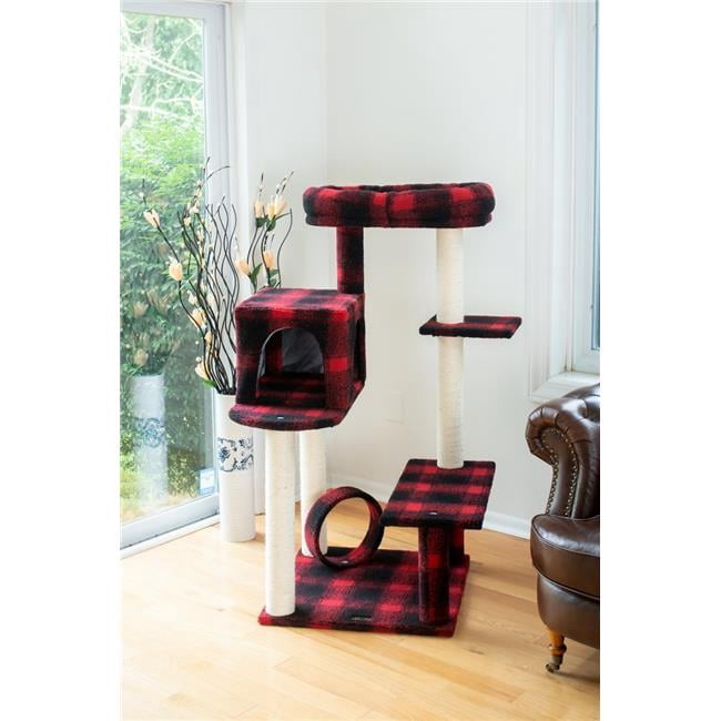 Armarkat Model B5008 50-inch Real Wood Cat Tree with Veranda, Bench, Mini Perch, and Spacious Lounger in Scotch Plaid, Black/Red, 31""(l) x 28""(w) x 50""(h)