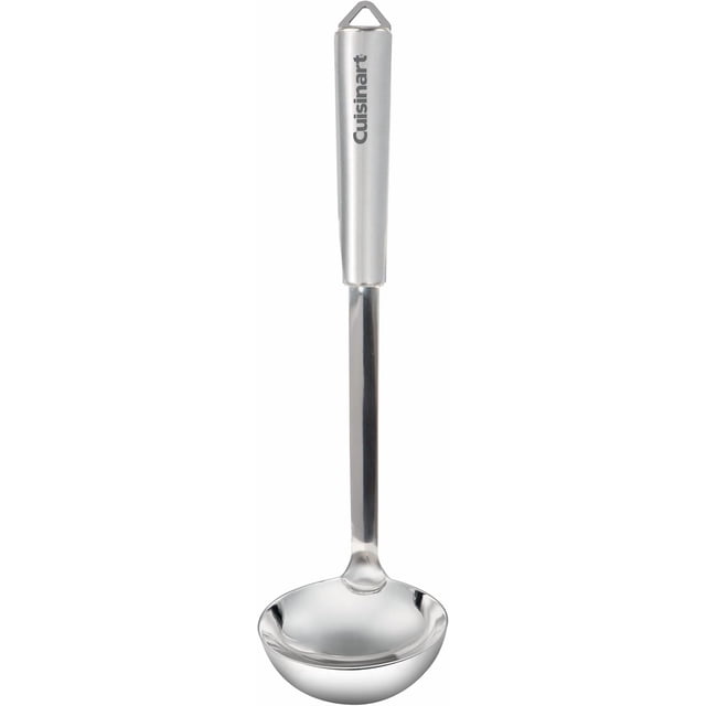 Cuisinart Fusion Pro Stainless Steel ladle with a polished stainless steel bowl and brushed stainless steel handle featuring the Cuisinart logo, designed for durable kitchen use and easy handling, ideal for serving soups and sauces.