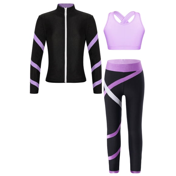 Zaldita Kids Girls Figure Ice Skating Gym Training Suit Long Sleeve Jacket Sleeveless Crop Top with Skating Pants Set Lavender 8