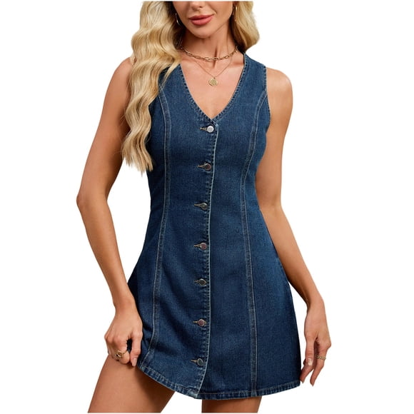 RXMEKW Denim Dress for Women Sleeveless V-Neck Backless Button-Front A-Line Mini Dress in Light and Dark Blue Wash for Casual Summer Style