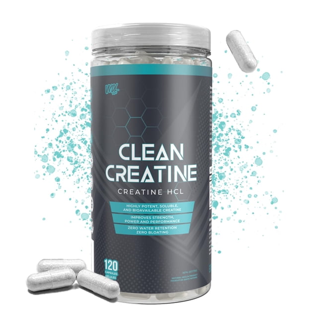 Clean Creatine HCl Powder by VNDL Project, featuring 120 capsules of pure creatine hydrochloride designed for muscle growth, strength building, athletic performance, and recovery. The product is vegetarian-friendly and comes in a sleek, cylindrical container with a dark grey and teal design. Capsules are visible inside the transparent jar, with additional capsules displayed outside. The label highlights benefits such as improved strength, power, and zero water retention or bloating.