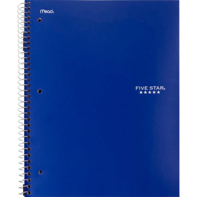 Five Star® 3 Subject Blue Notebook with a durable blue plastic front cover, spiral wire binding, and three punched holes for binder use. It includes college ruled sheets, reinforced storage pockets, and works with the Five Star study app to scan and organize notes.