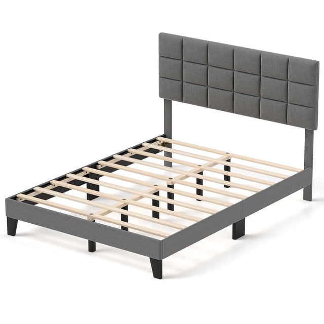 Costway Cadre de Lit Format Grand Moderne en Tissu de Lin, Lit Plateforme Rembourré avec Tête de Lit Gris. Doté d'Une Tête de Lit Rembourrée Douce avec design Matelassé, Réglable à Trois Hauteurs pour Accueillir des Matelas de 8 à 14 Pouces. le Lit Plateforme Comprend 10 Lattes en Contreplaqué Robustes et 6 Pieds en Bois de Caoutchouc Supplémentaires pour une Stabilité Accrue, Éliminant le Besoin d'Un Sommier. le Tissu de Lin Respirant et une base Surélevée de 6 Pouces Offrent Confort et Praticité. Dimensions : 84 Pouces de long, 64