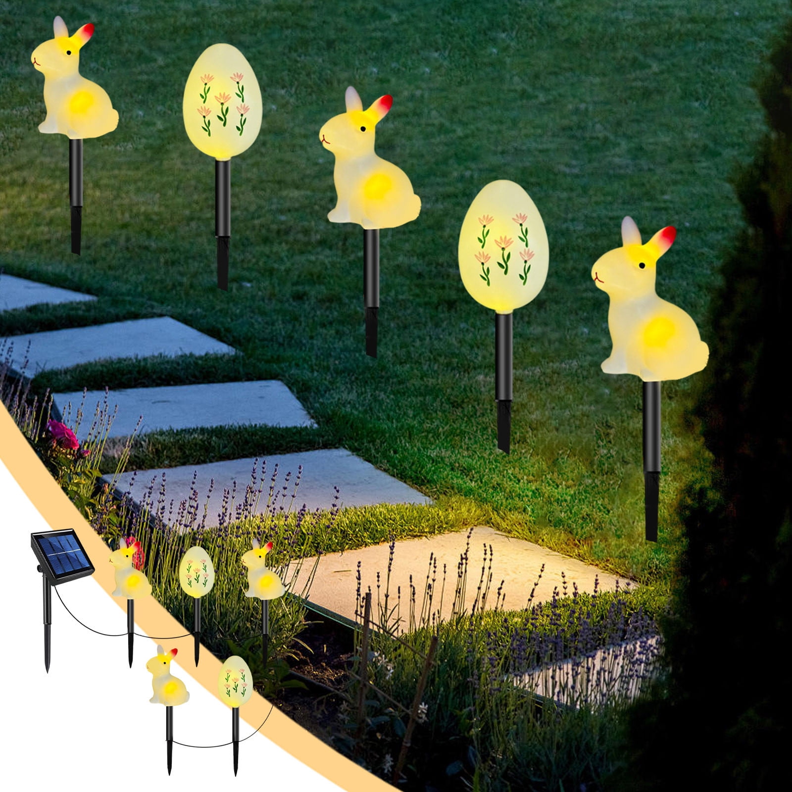 Chmadoxn Easter Decorations, LED Easter Solar Lights Easter Classic Bunny Eggs Elementals Solar Ground Lights Holiday Outdoor Garden Yard Decoration One Tow Five Holiday Solar Lights
