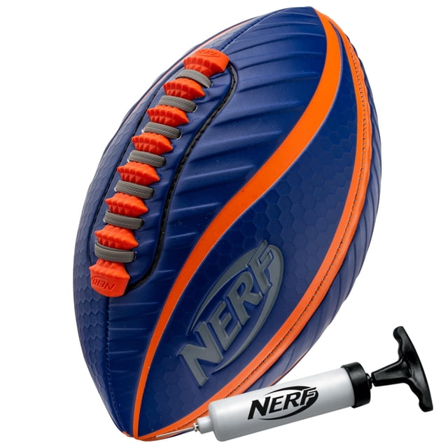 NERF Spiral Grip Mini Football - Patented Spacelace for Ultimate Spirals - Machine Stitched Construction - Pump Included,Blue/Orange, Mini